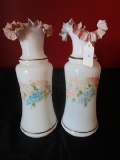 Pair - Milk Glass Vases Pink Crimped Rim, Gilted/Floral Motifs