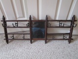 Wooden Wall Mounted Coat Rack w/ Metal Arms, Inlay Mirror, Acorn Finials