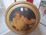 Children Playing Vintage Print in Round Gilted Wood Frame/Matt