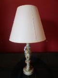 Green Marble Carved Spindle-Style Desk Lamp w/ Cream Shade