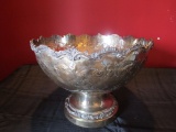 Large Silver-On-Copper Punch Bowl Ornate Trim, Curled Pattern/Motif