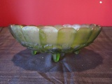 Green Glass Oval Bowl Berry/Grape Motif, Scalloped Rim