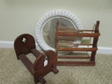 Lot - Wooden Wall Mounted Plate Rack, White Wicker Mirror, Wooden Rack