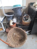 Lot - Black Urn Design Planters, Wicker Baskets, Pottery Plates, Misc. Gardenware