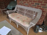 Wicker 2 Seat Bench Curved Arms/Skirt Design w/ Patchwork-Motif Cushion