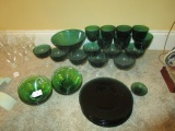 Green Glass Lot - 6 Plates, 2 Blows, 1 Serving Bowl 8