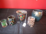 Lot - Multi-Colored Glass Candle Holders, Crackle Glass, Blue/Gold Fleck Votive Candle Holder