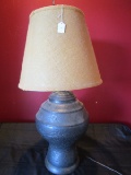 Hand Beaten Metal Wide Body Lamp w/ Burlap Shade, Black Metal, Metal Base