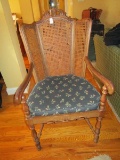 Wooden Chair Scalloped Finial, Wicker Back, Spindle Front Legs, Fabric Seat