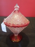 Indiana Glass Diamond Cut Jar w/ Lid Ruby Glass Rim Star-Cut Base