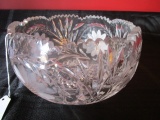 Crystal Glass Bowl Etched Wheat/Floral Pattern Pinwheel Base, Saw-Tooth Rim