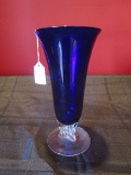 Blue Glass Vase on Clear Stand Wide Top