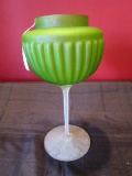 Green Glass Raised Votive Candle Holder Scalloped Design, Twist Stem