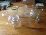 Clear Glass Lot - Jars, Vases, Rounded Etched Vase, Raised Votive Candle Holder, Etc.