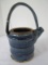 Pottery Small Handled Watering Can Banded Design Blue Glaze Finish