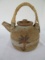 Pottery Teapot w/ Reed Handle Relief Foliage Design Brown/Gray Throttled Textured Finish