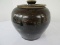 Pottery Dark Brown Glaze Vessel w/ Lid Signed Bozeman