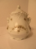 Porcelain Biscuit Barrel Rose Bud Spray Transfer w/ Rose Handles & Finial