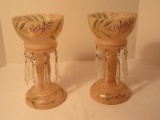 Striking Pair Pink Satin Glass Mantle Lustre w/ Hand Painted Stem Flower, Spear Head Prisms