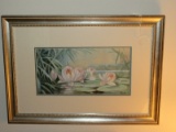 Original Water Color Pink Water Lilies in Bloom Artist Signed H. Hunt