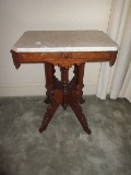 Eastlake Walnut Beveled Marble Top Parlor Table Ornate Traditional Design