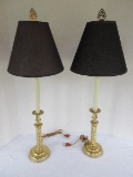 Pair - Brass Banquet Candlestick Lamps Spiral Design, Black Shades & Pierced Finial