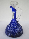 Stunning Bohemian Cobalt Cut-To-Clear Decanter w/ Applied Clear Handle & Stopper