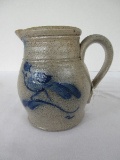 Rowe Pottery Works Handmade Salt Glaze Small Pitcher w/ Cobalt Bird & Leaf Design Folk Art