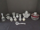 Lot - Crystal Hobstar Pattern Basket, Hand Bell, Tooth Pick Holder