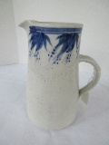Pottery Pitcher Signed Yates '83 Hand Painted Cobalt Foliage & Berries Design