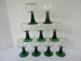 8 German Wine Goblets Clear Bowls Grape Vine Pattern on Emerald Ribbed Stems