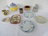 Lot - Pottery Bread Warmer, Trivets, Pypers Wynd Pottery Creamer Hand Painted Thistle