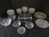 Lot - Misc. Pressed Glass Clear Bowls, 4 Part Relish Bowl, Plates, Etc.