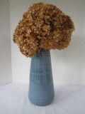 Southern Pottery Vase Embossed Banded Pattern Turquoise Glaze Finish Dried Hydrangeas