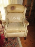 Chippendale Style Wingback Leather Recliner w/ Brass Tack Trim