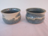 Pair - Southern Pottery Bowls Artist Signed Walton 1986 Mottled Blue w/ Ivory Accent