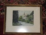 Onion Dome Church by Stream Landscape Hand Colored Engraving Signed in Pencil