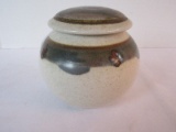 Pottery Round Jar w/ Lid Artist Signed Base Abstract Band Design