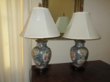 Pair - Semi-Porcelain Vase Form Table Lamps