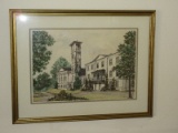 Old Furman Campus Bell Tower Original Ink & Water Artist Signed C. Smith 1979