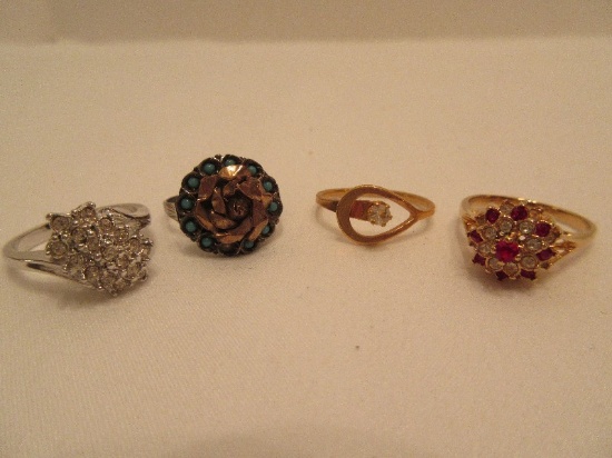 4 Costume Jewelry Rings Cocktail, Cubic Zirconia Cluster, Solitaire & Rosebud