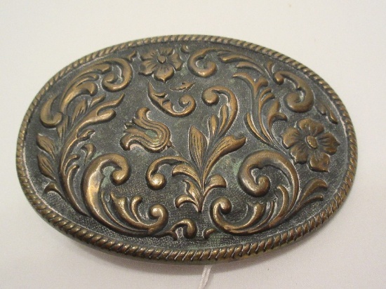 Brass Traditional Embossed Floral/Foliate Design Belt Buckle w/ Rope Trim