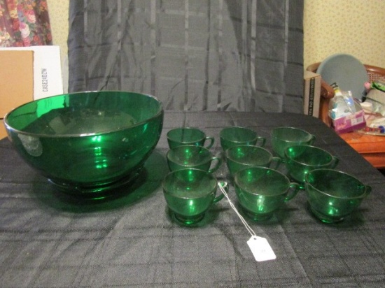 Lot - Indiana Green Glass 9 Cups, 1 Punch Bowl 10" D w/ Underplate