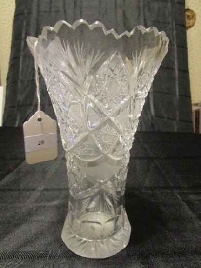 8 1/4" H Crystal Glass Vase Prescut/Pinwheel Motif Sawtooth/Wave Rim, Star-Cut Base