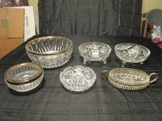 Lot - 2 Prescut Glass Trinket Dishes, Dish w/ Silverlpate Underplate, Bowl w/ Silverplate Rim