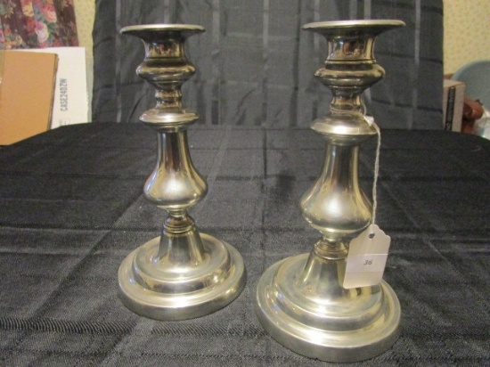 Pair - Metal/Silverplate Spindle-Style Candle Holders