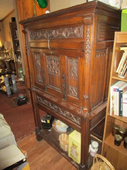 Mid-Century Modern Victorian-Style Wooden Secretary 1 Drawer Over Drop-Down Front