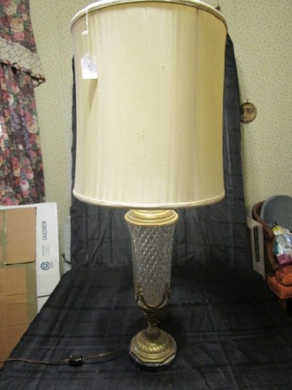 Diamond Cut Crystal Glass Body Lamp Urn Design, Sashay Motif/Brass Legs on Marble Base