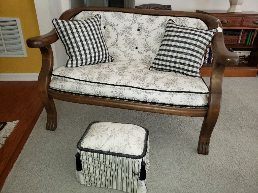 Lot Wooden Entry Bench W Curled Arms Paw Feet Upholstered Pin
