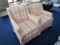 Pair - Pink Striped Upholstered Arm Chairs, Pin Back on Wood Feet